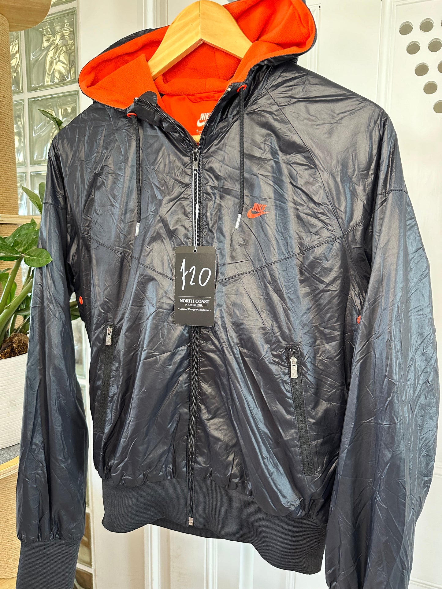 Nike Black Lightweight Hooded Jacket – Orange Fleece Lined – Size M