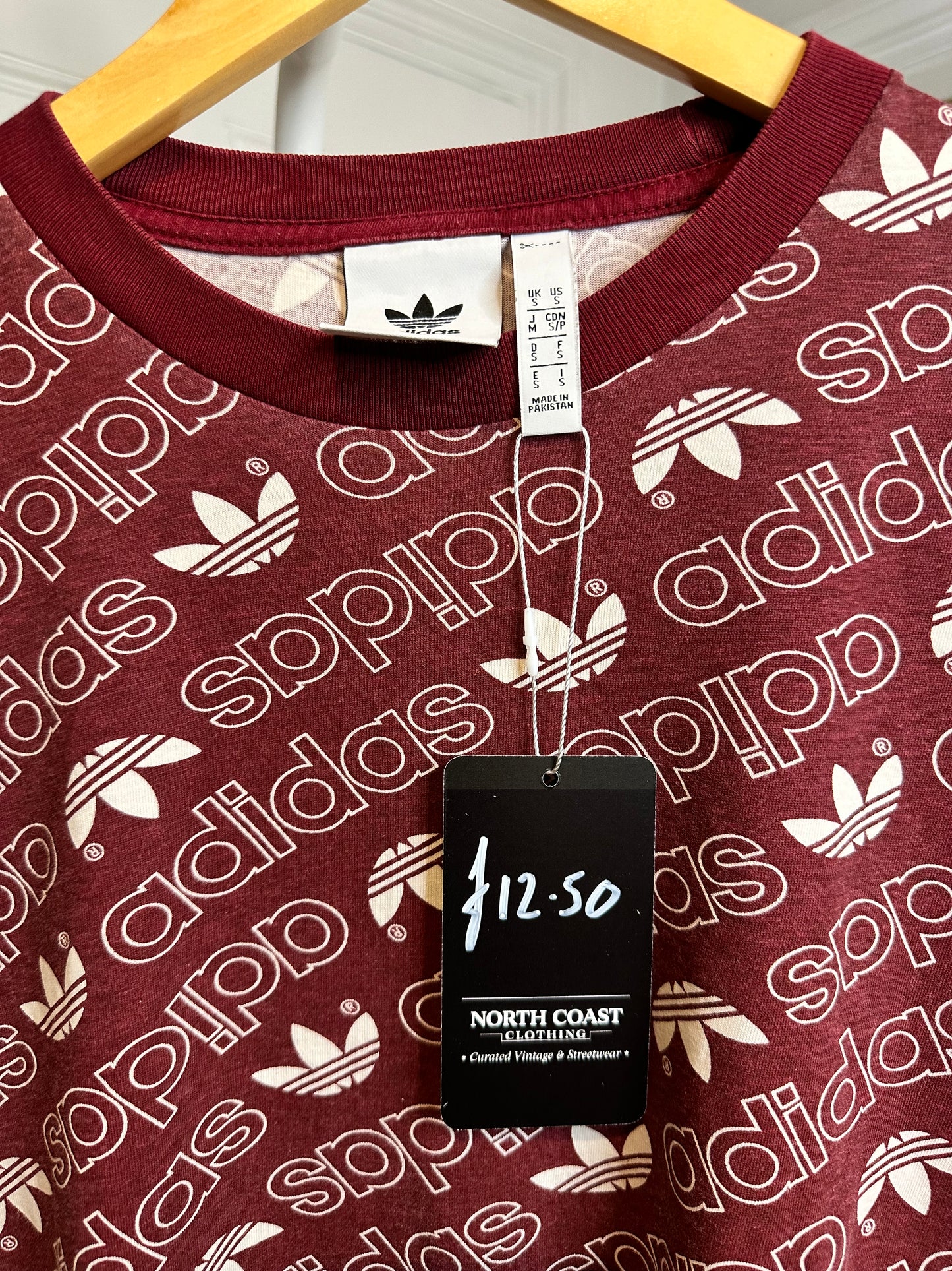 Adidas burgundy T-shirt with Allover Logo Design - Men’s Small