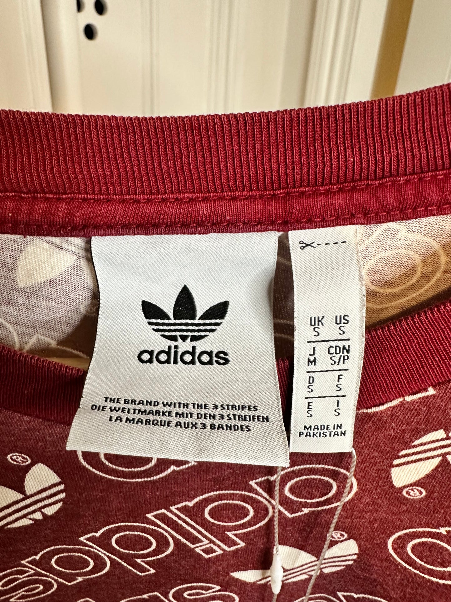 Adidas burgundy T-shirt with Allover Logo Design - Men’s Small