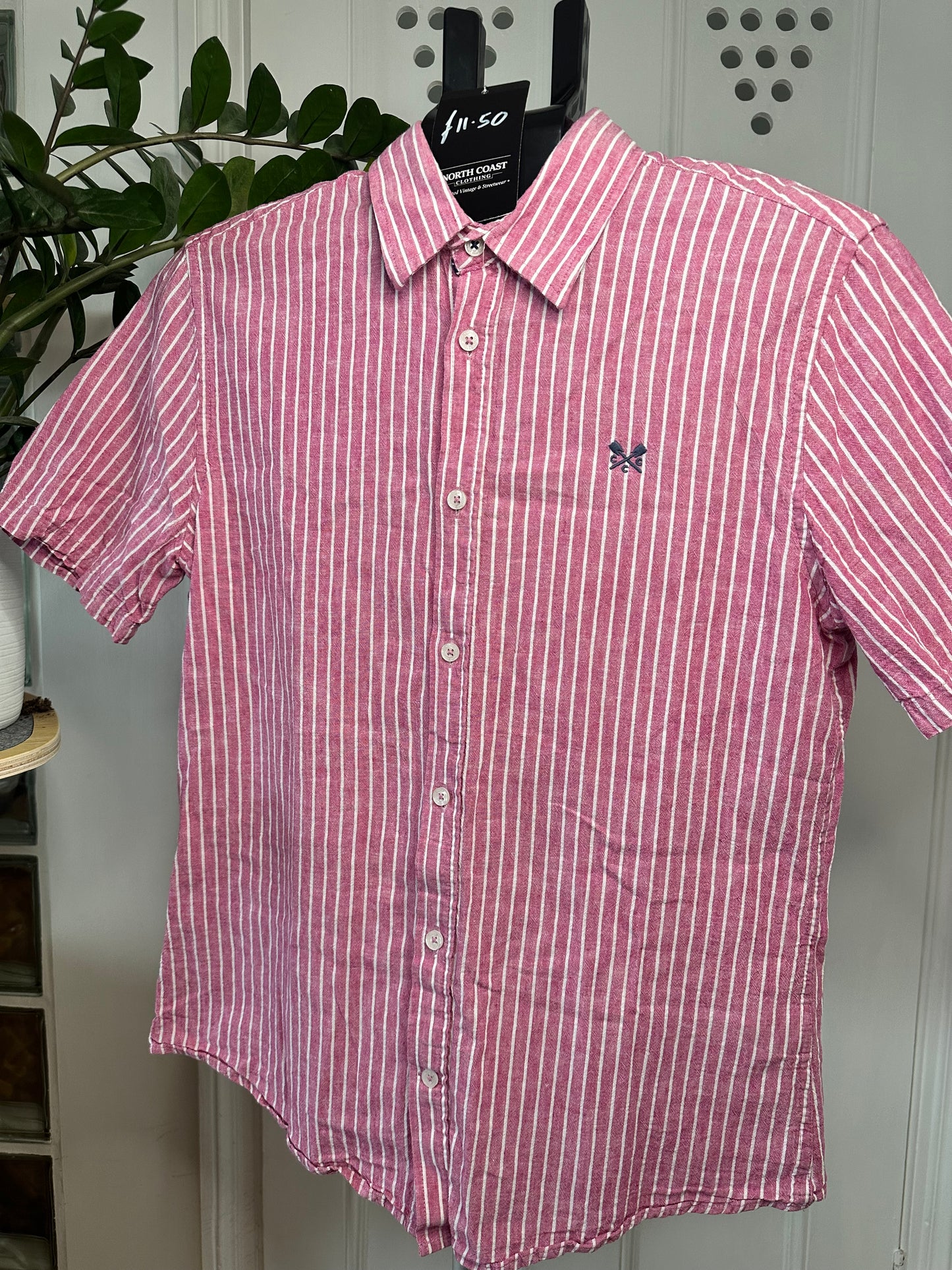 Men’s Medium Linen Shirt - Deep Pink and White Summer Classic