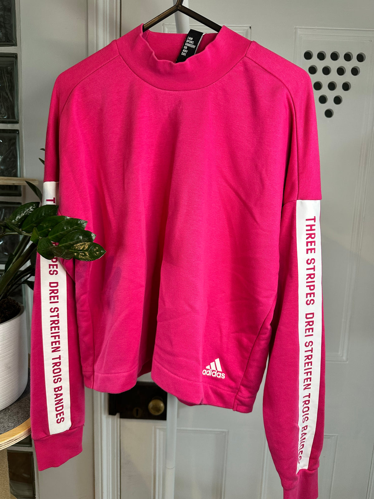 Adidas Three Stripes High-Neck Sweatshirt – Hot Pink – Women’s Small