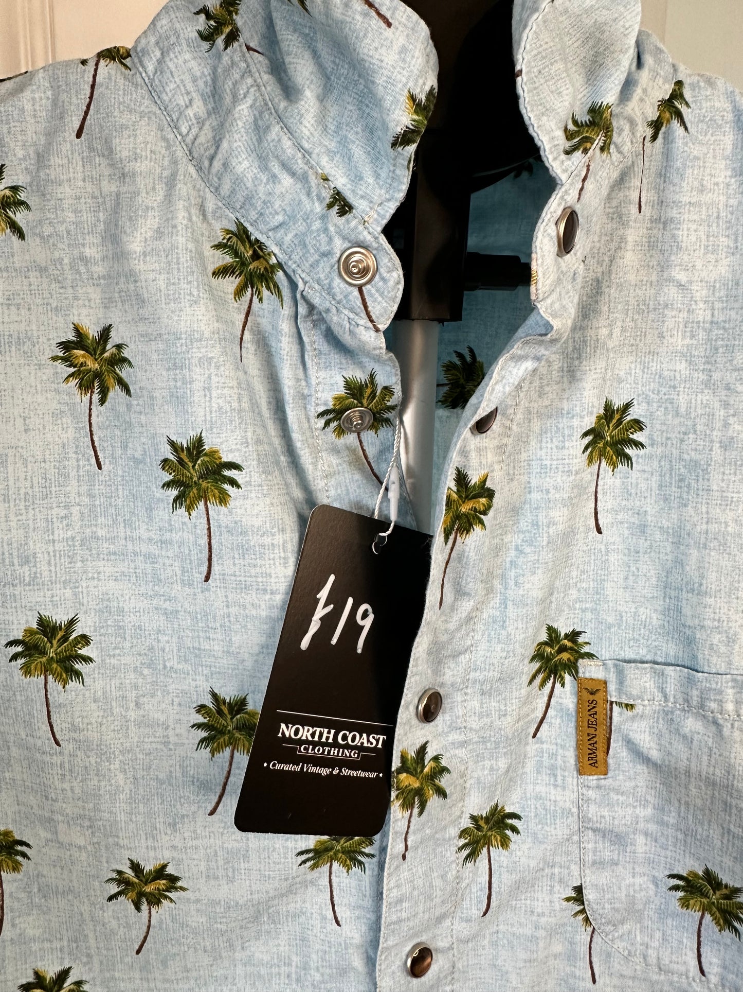 Armani Shirt Size Medium - Light Blue with Palm Tree Print