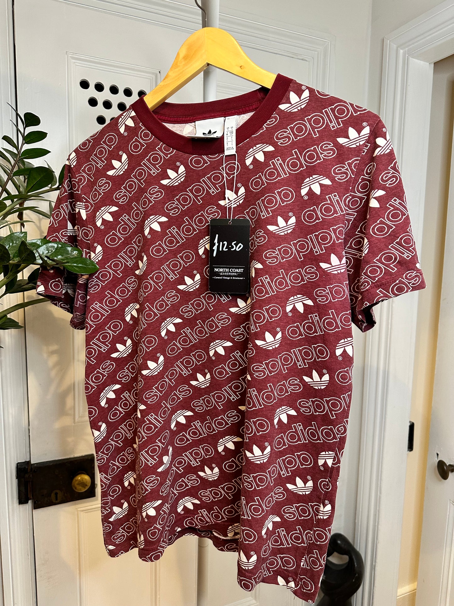 Adidas burgundy T-shirt with Allover Logo Design - Men’s Small