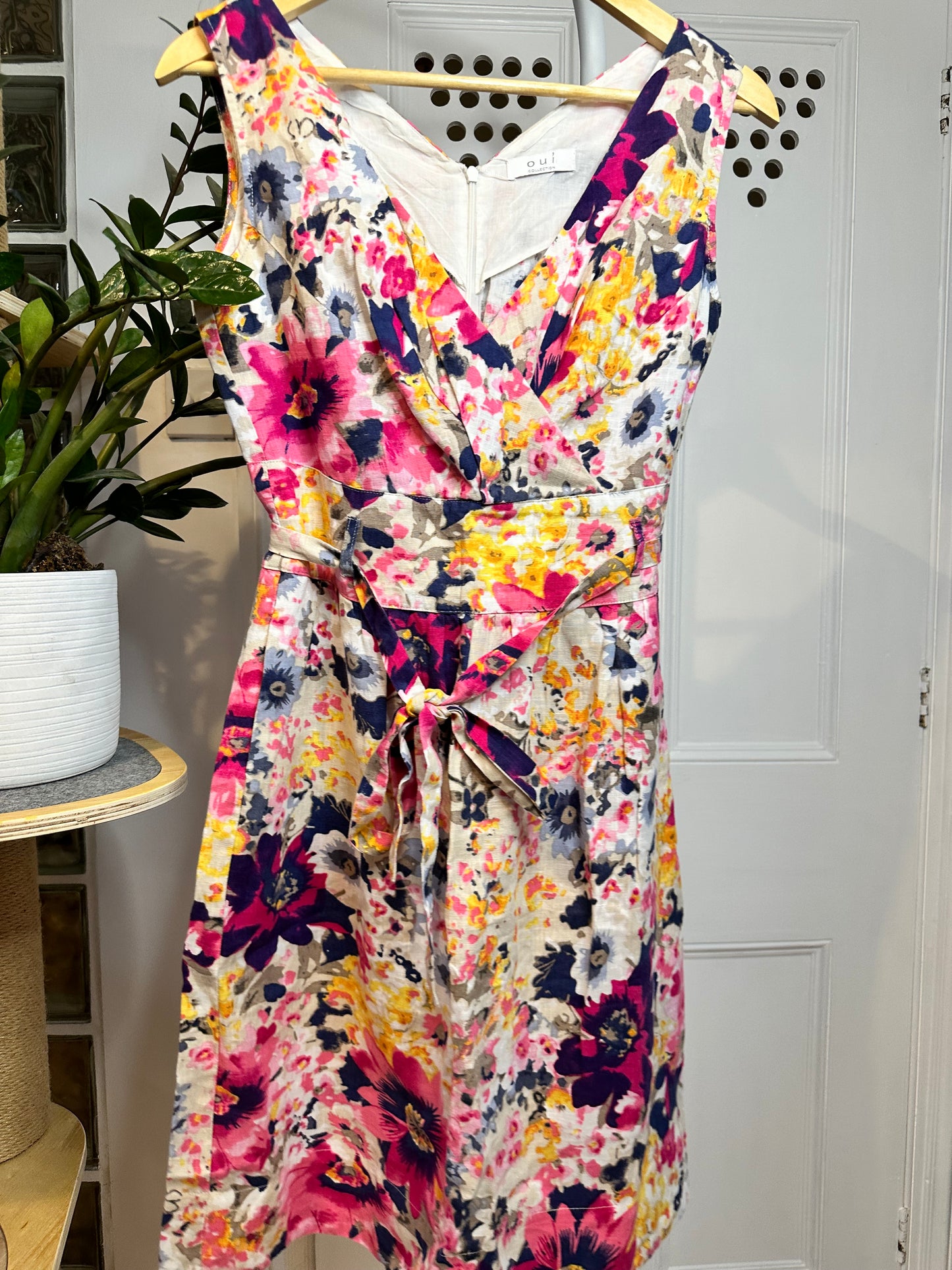 Oui Collection Linen Floral Dress – Fit & Flare – Summer Midi – Size UK 10