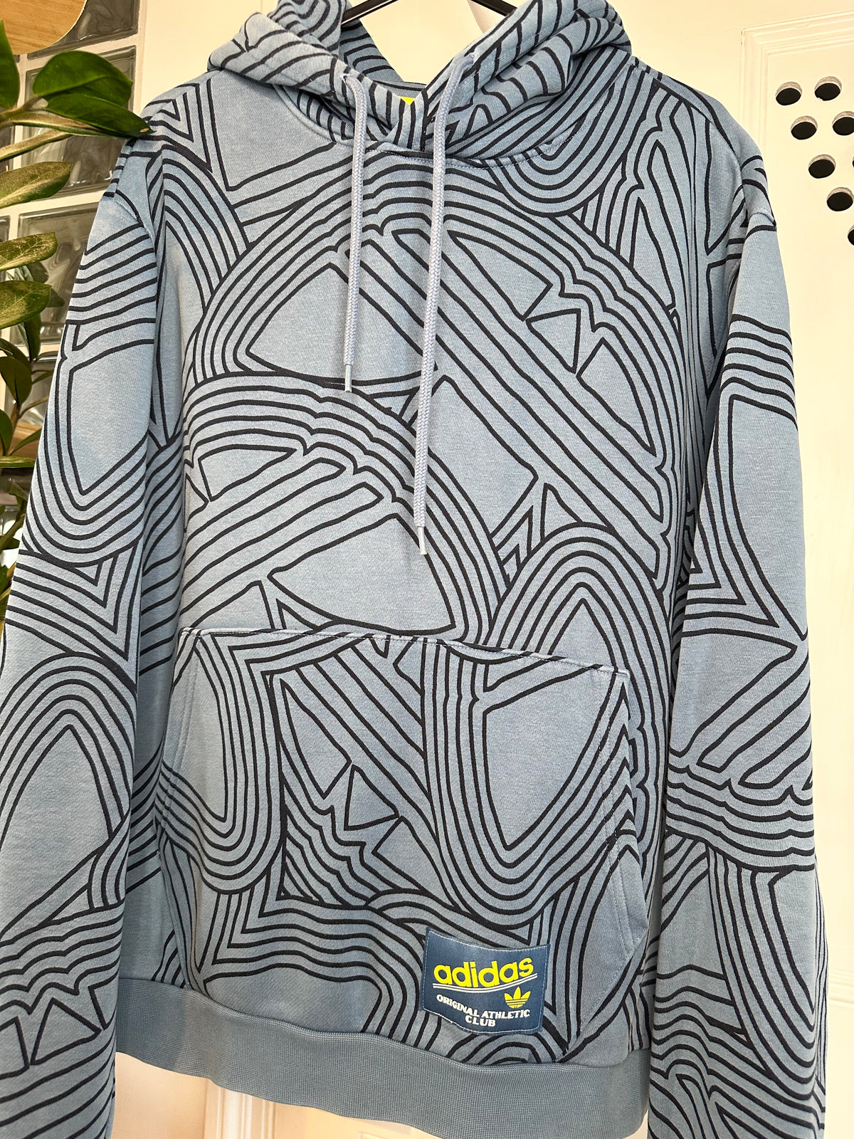 Adidas Originals All-Over Trefoil Graphic Hoodie – Blue / Navy – Relaxed Small