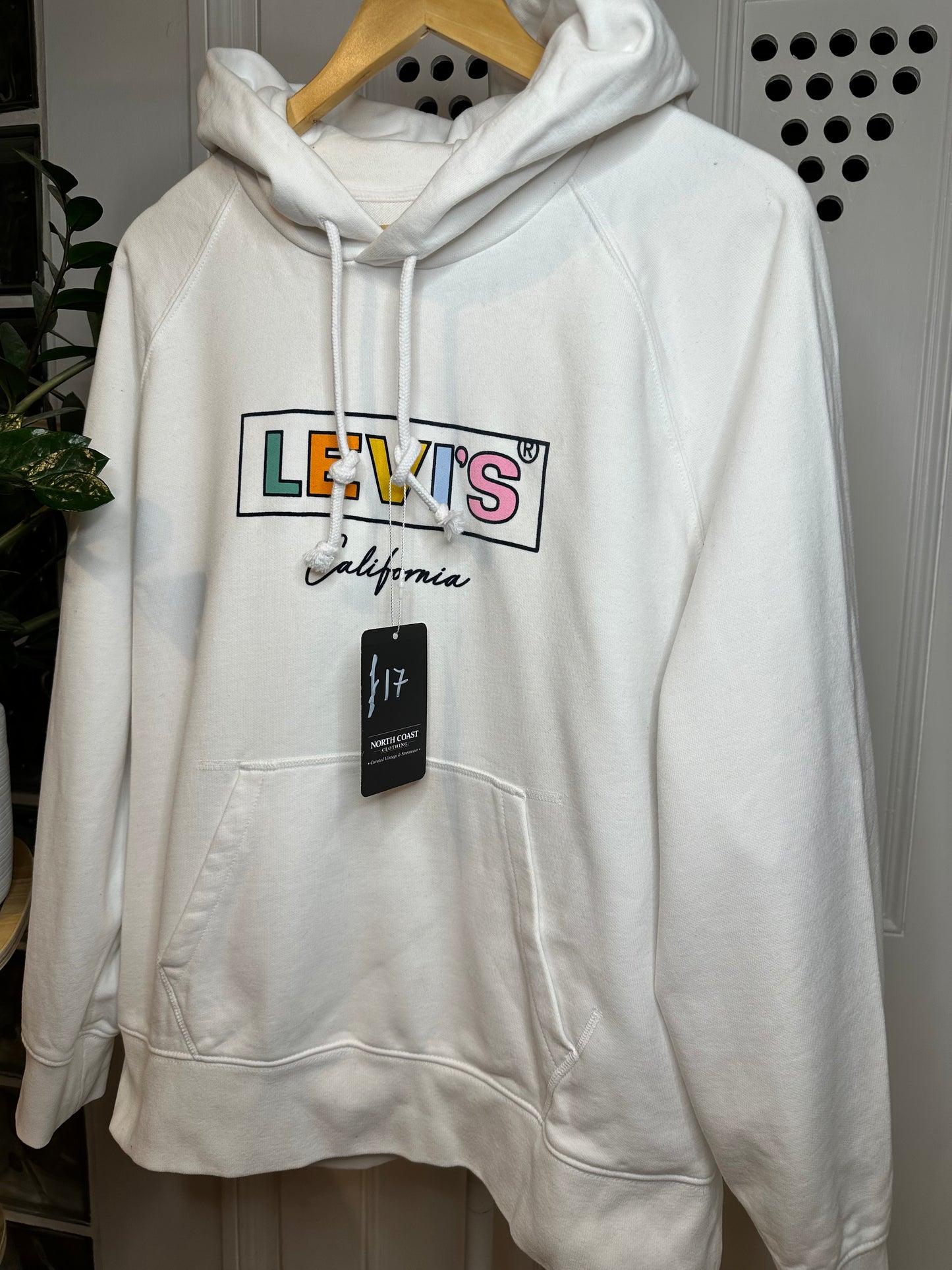 Levi’s Heavy White Cotton Hoodie with Rainbow Logo Design - Large