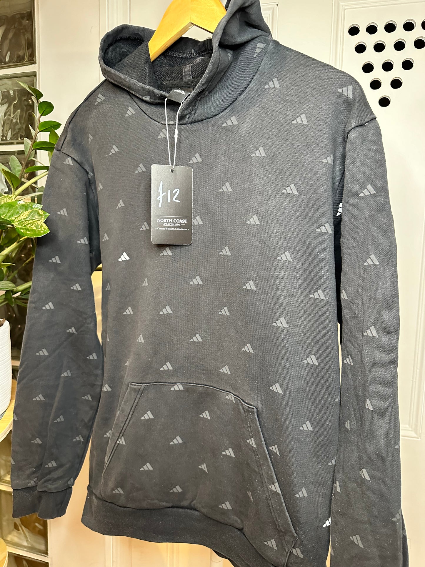 Adidas Black Hoodie with Allover Logo Design - Relaxed Fit Small
