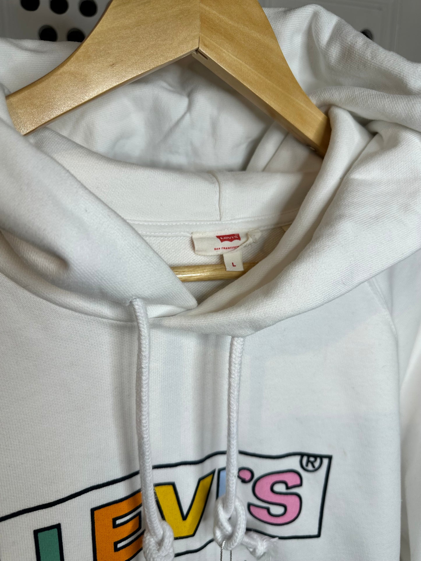 Levi’s Heavy White Cotton Hoodie with Rainbow Logo Design - Large