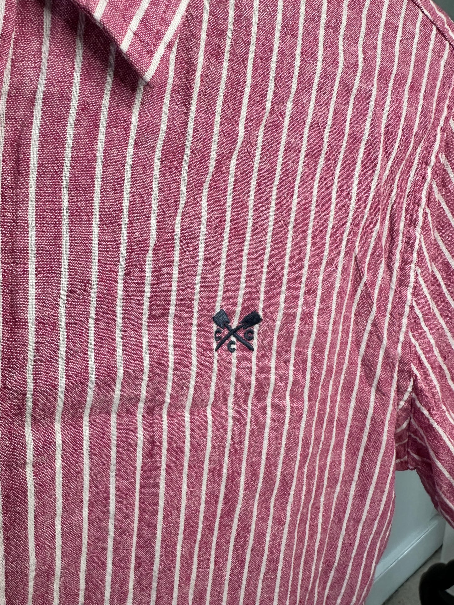 Men’s Medium Linen Shirt - Deep Pink and White Summer Classic
