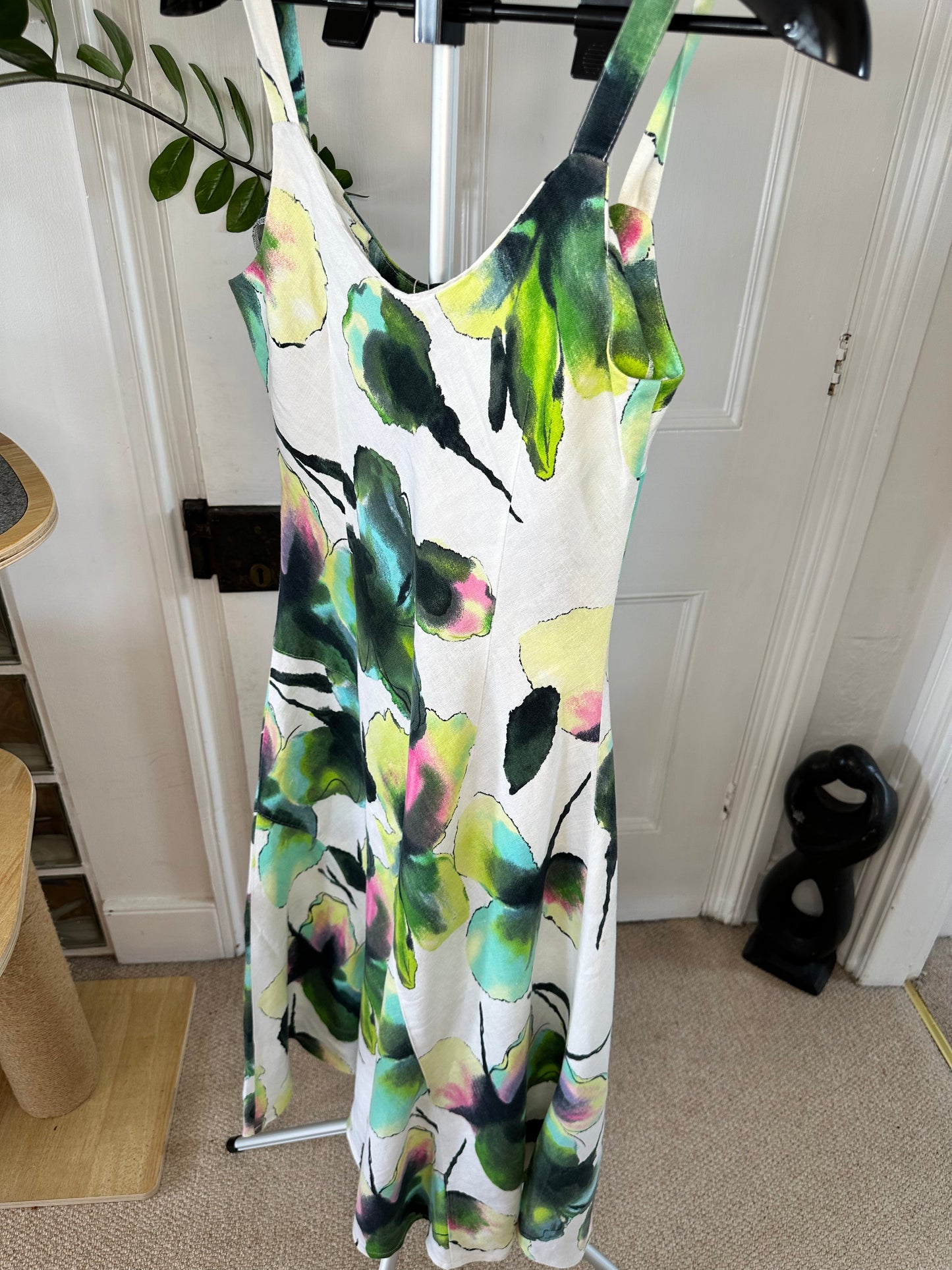 100% Linen White & Floral Summer Midi Dress - Size 10