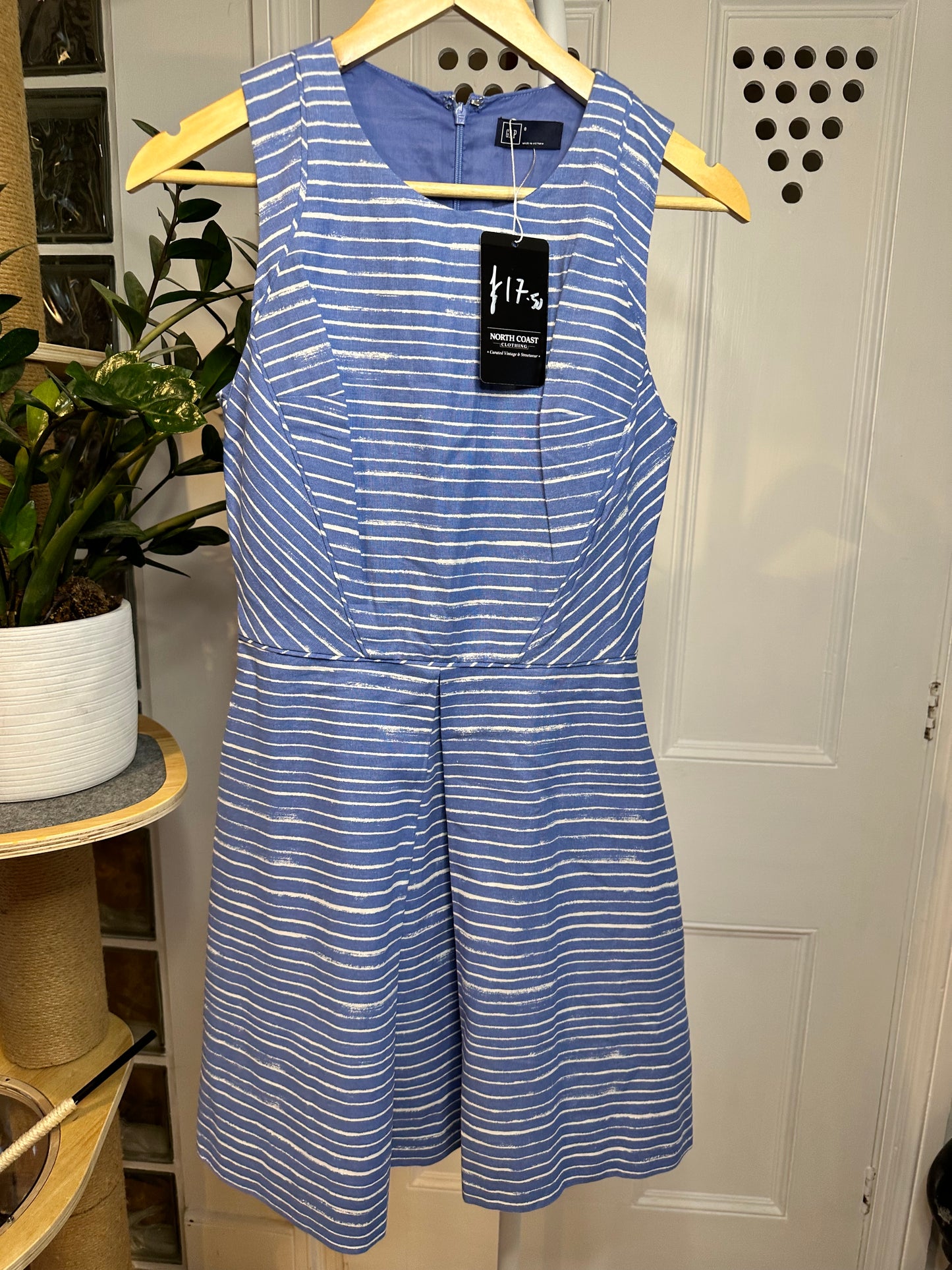 GAP Blue & White Striped Skater Midi Dress – Fit & Flare – Size S