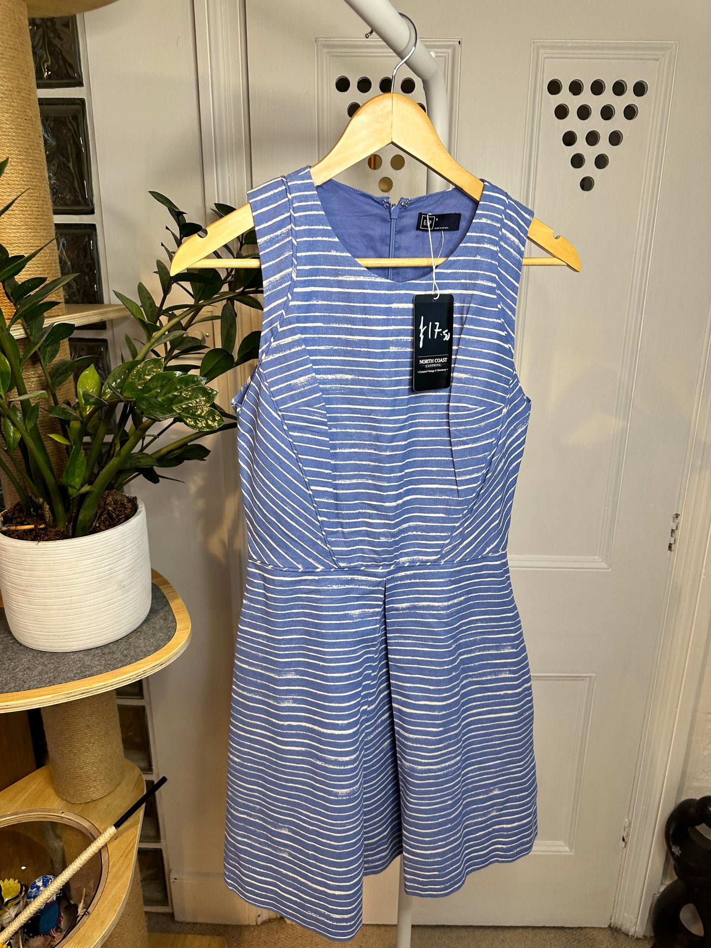GAP Blue & White Striped Skater Midi Dress – Fit & Flare – Size S