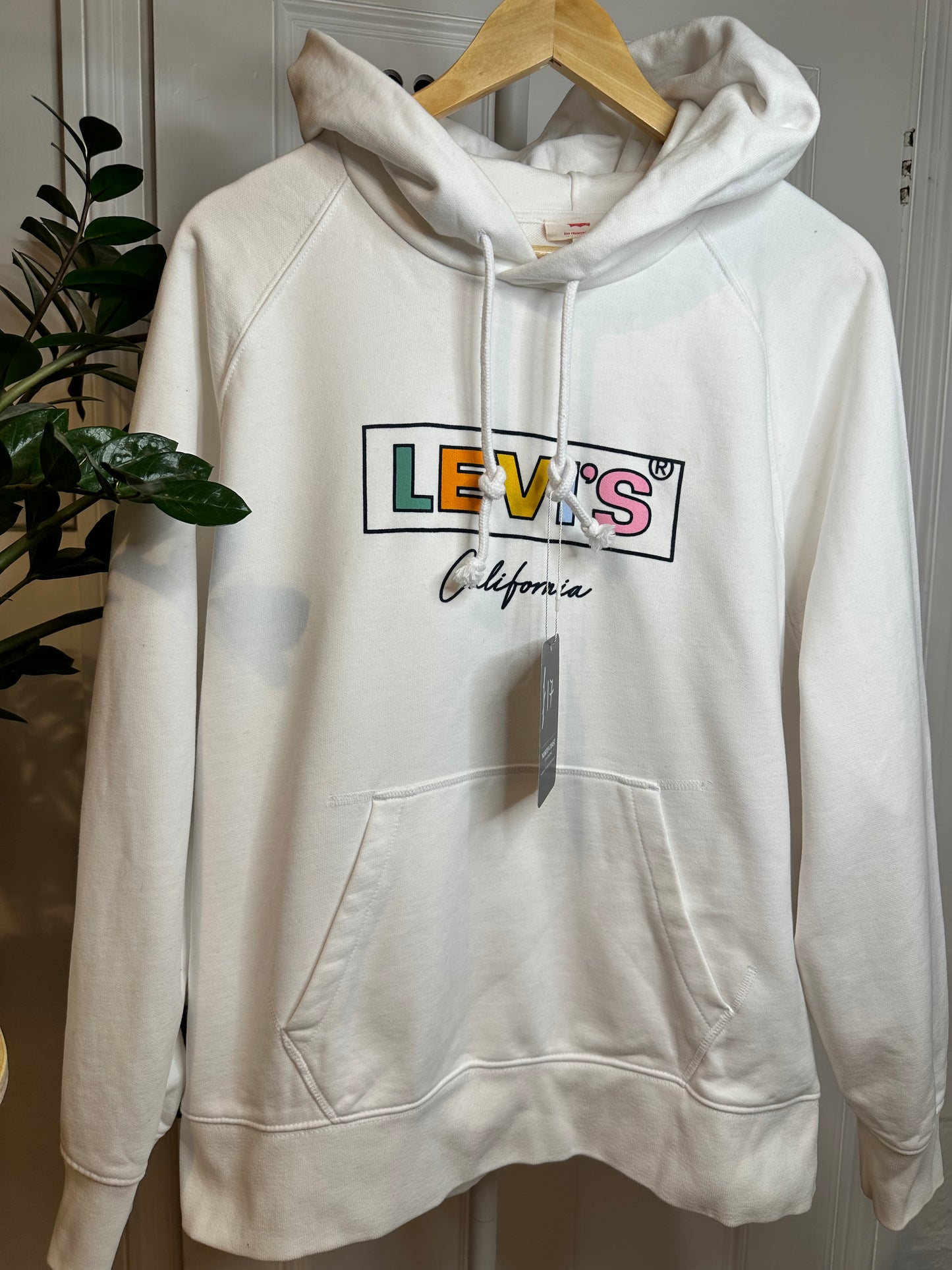 Levi’s Heavy White Cotton Hoodie with Rainbow Logo Design - Large