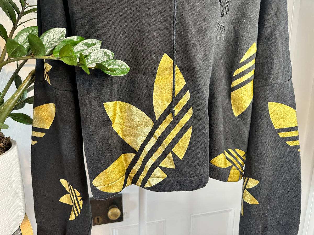 Adidas Originals Cropped Batwing Trefoil Hoodie – Black & Gold – UK 10