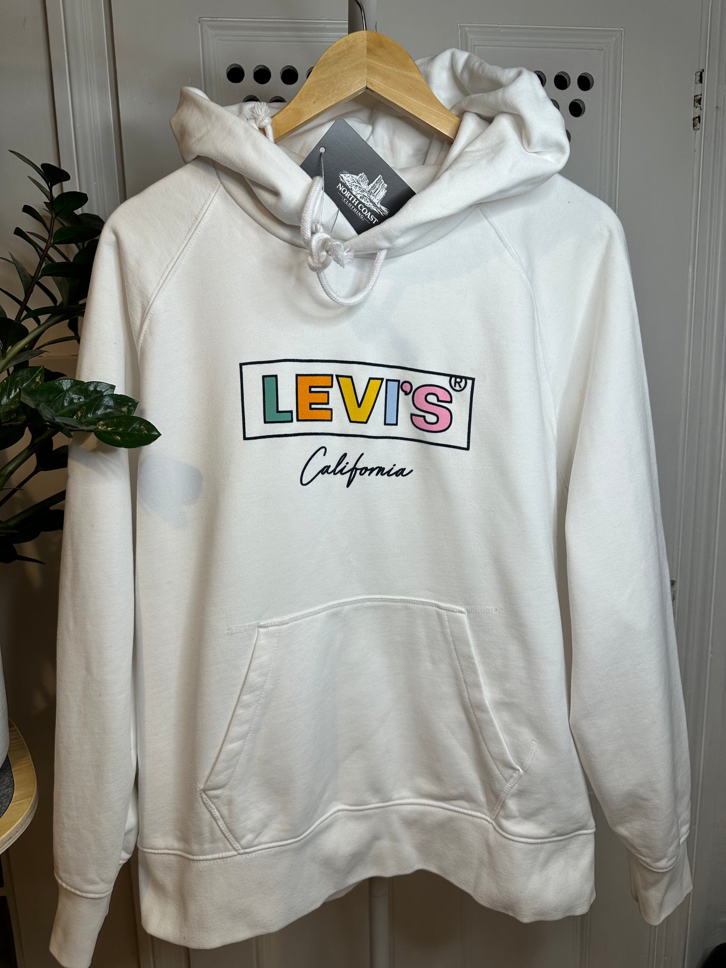 Levi’s Heavy White Cotton Hoodie with Rainbow Logo Design - Large