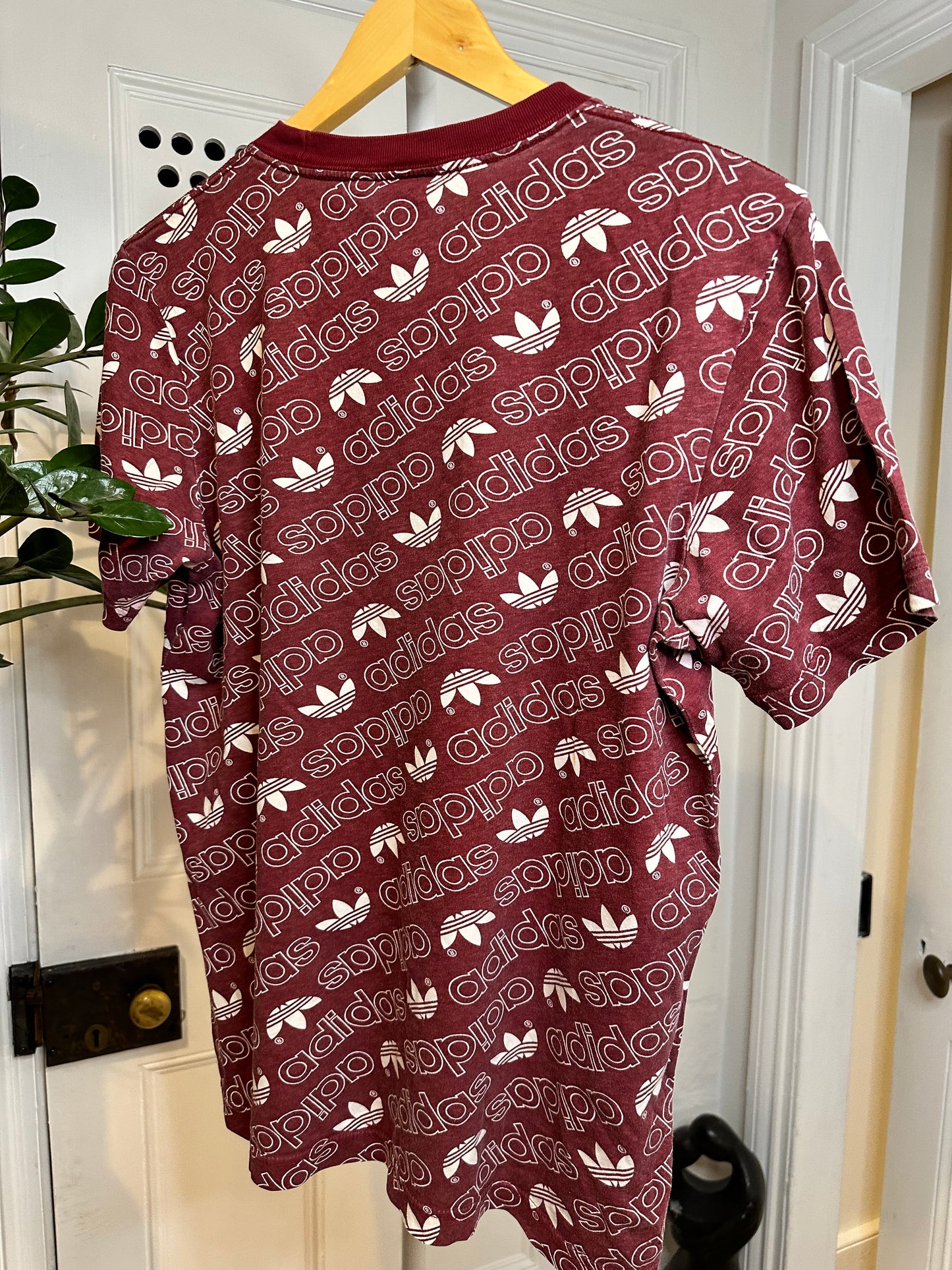 Adidas burgundy T-shirt with Allover Logo Design - Men’s Small