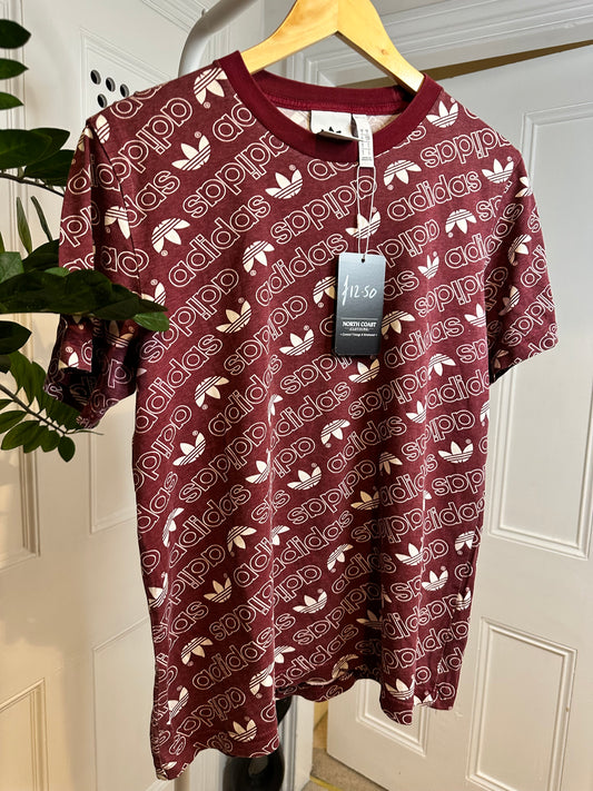 Adidas burgundy T-shirt with Allover Logo Design - Men’s Small