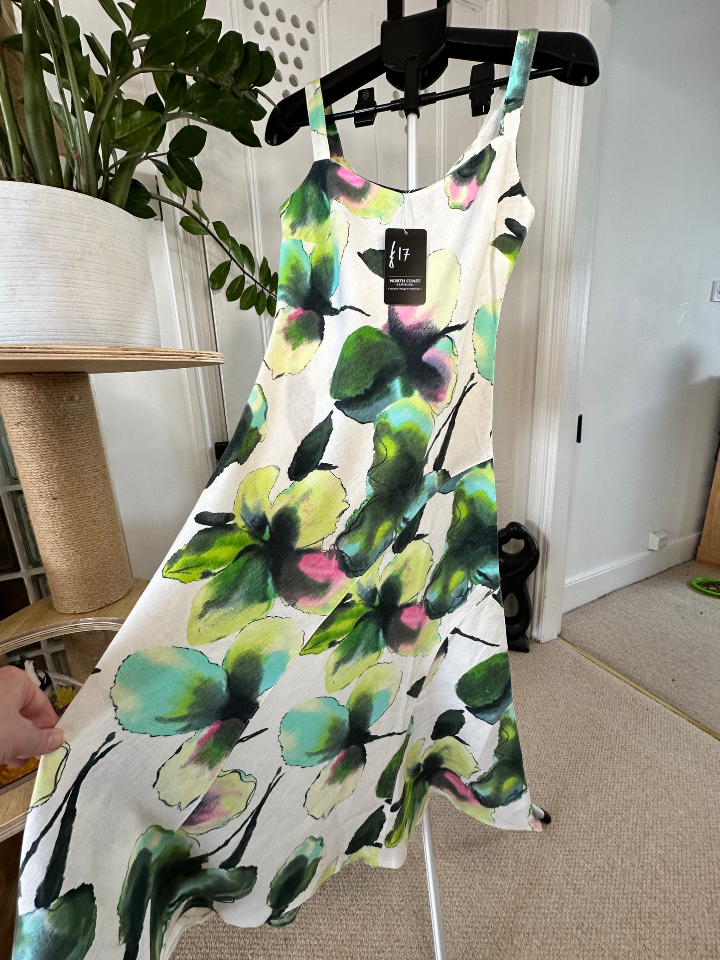 100% Linen White & Floral Summer Midi Dress - Size 10