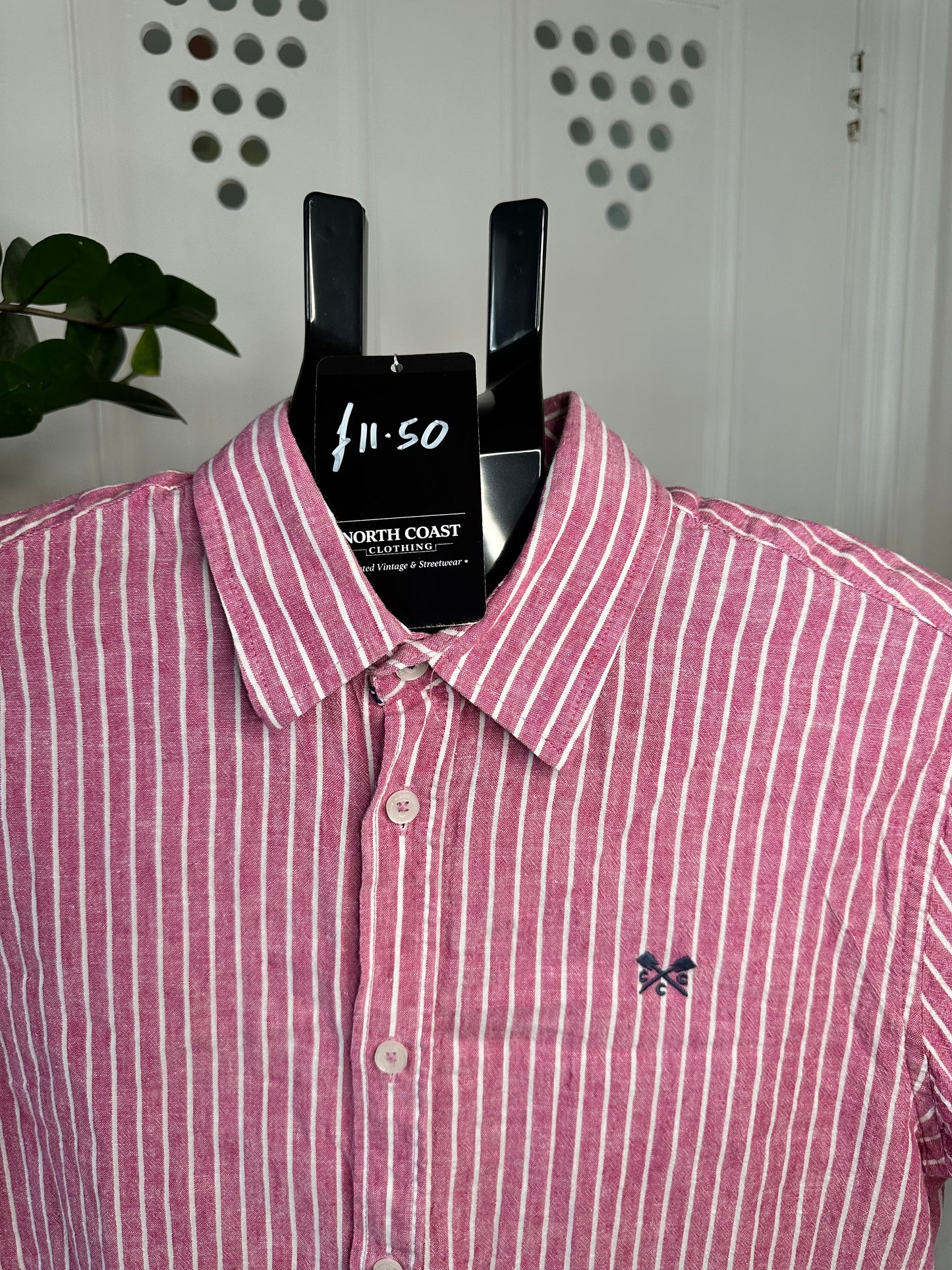 Men’s Medium Linen Shirt - Deep Pink and White Summer Classic