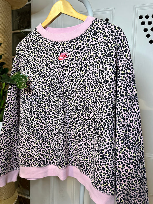Nike Leopard Print Sweatshirt Jumper in Pink & Black - Women’s Large / Medium Loose Fit