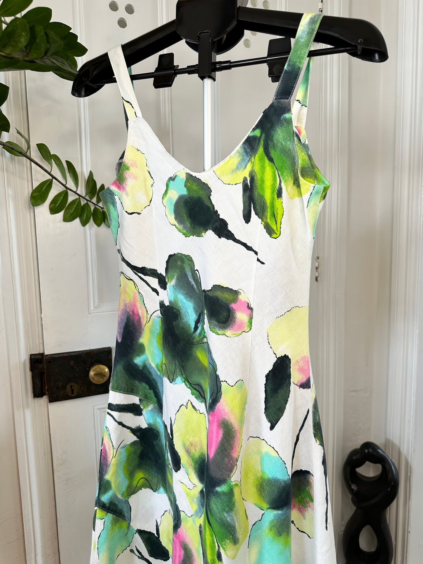 100% Linen White & Floral Summer Midi Dress - Size 10