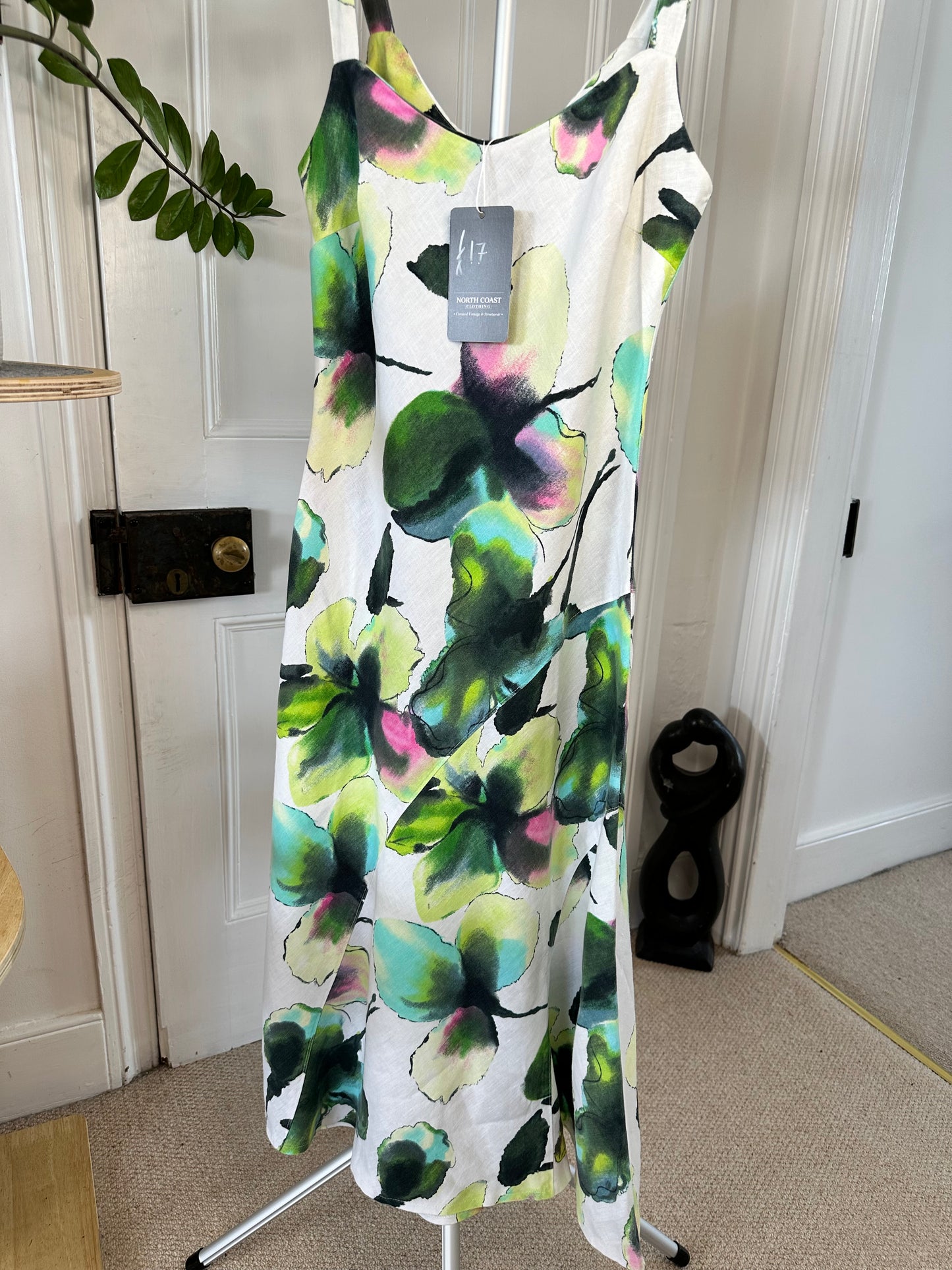 100% Linen White & Floral Summer Midi Dress - Size 10