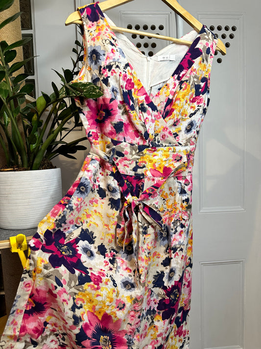 Oui Collection Linen Floral Dress – Fit & Flare – Summer Midi – Size UK 10