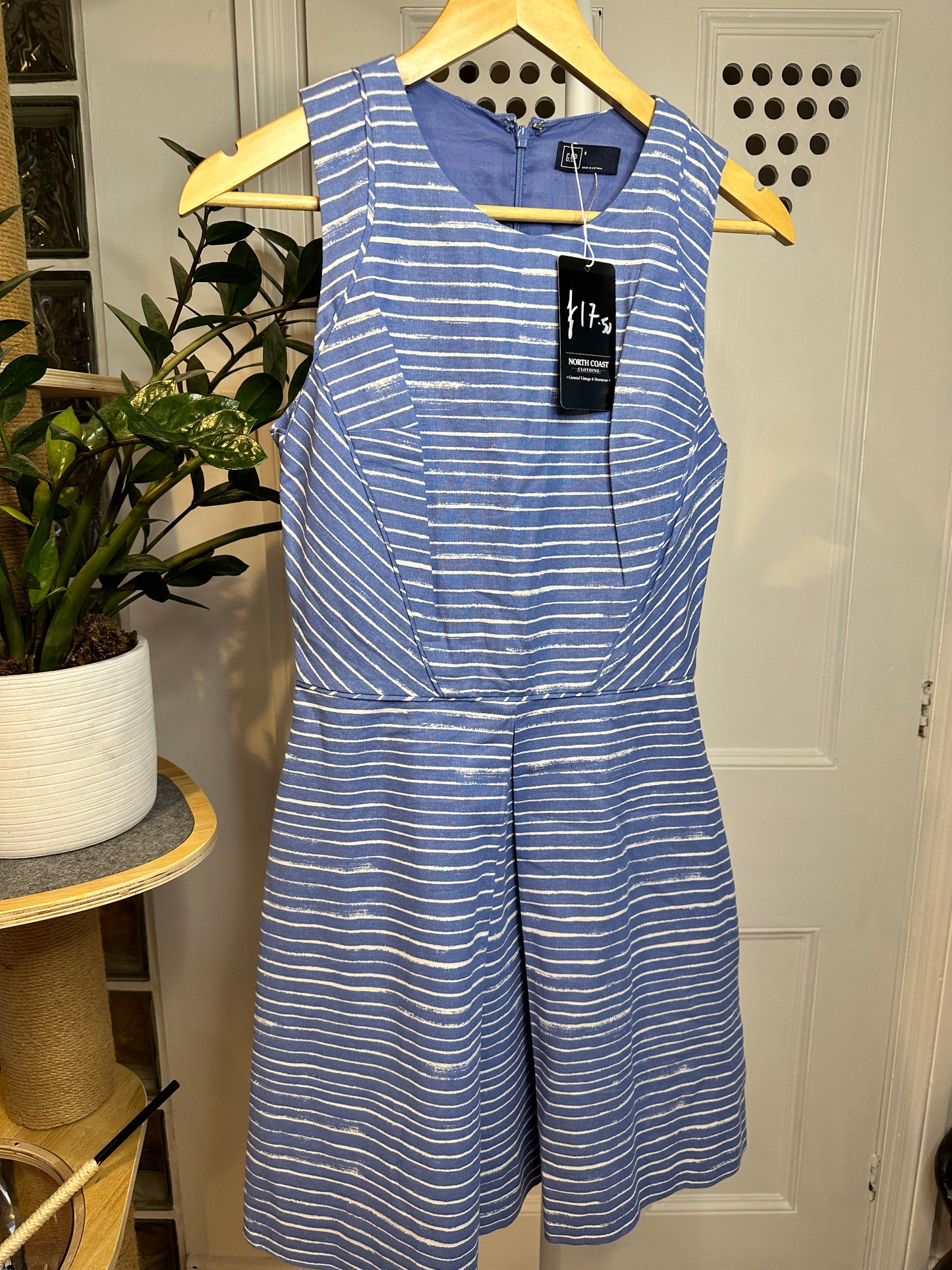 GAP Blue & White Striped Skater Midi Dress – Fit & Flare – Size S